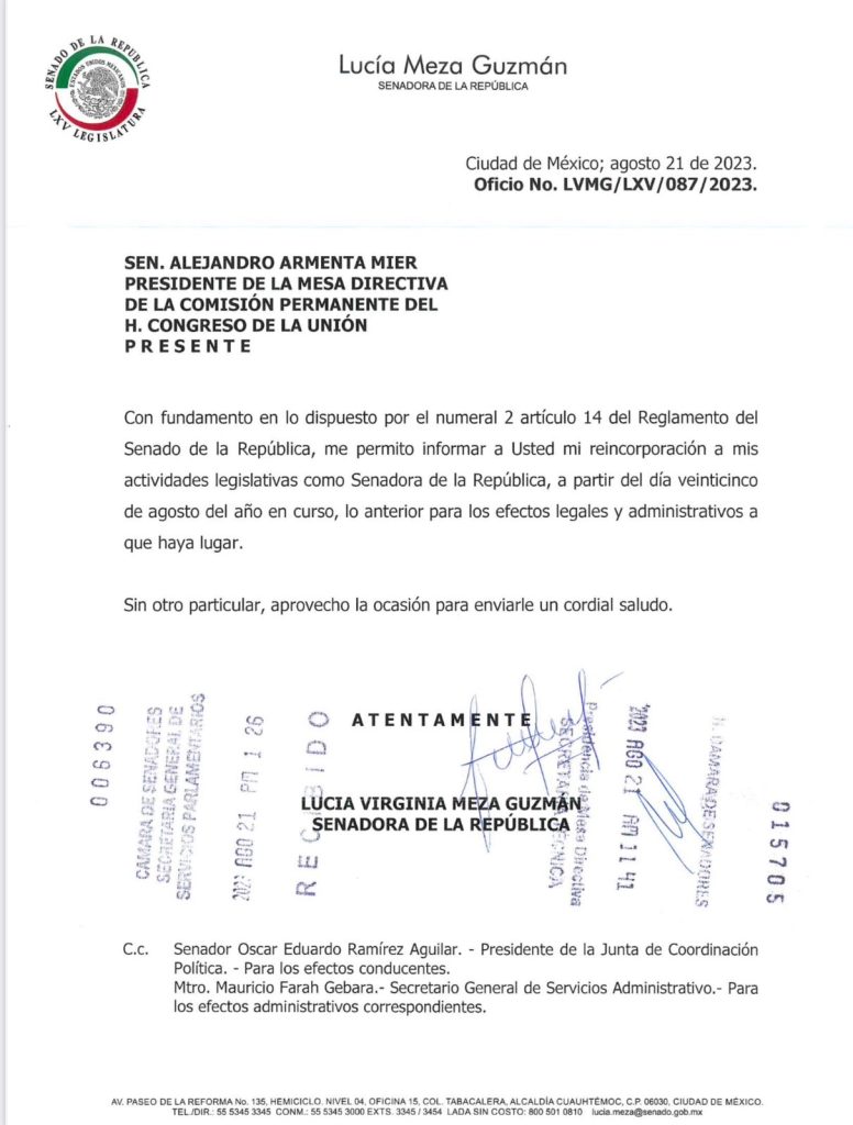 Se reincorpora la aspirante a la candidatura de Morena al gobierno del estado, Lucy Meza, a sus labores en el Senado